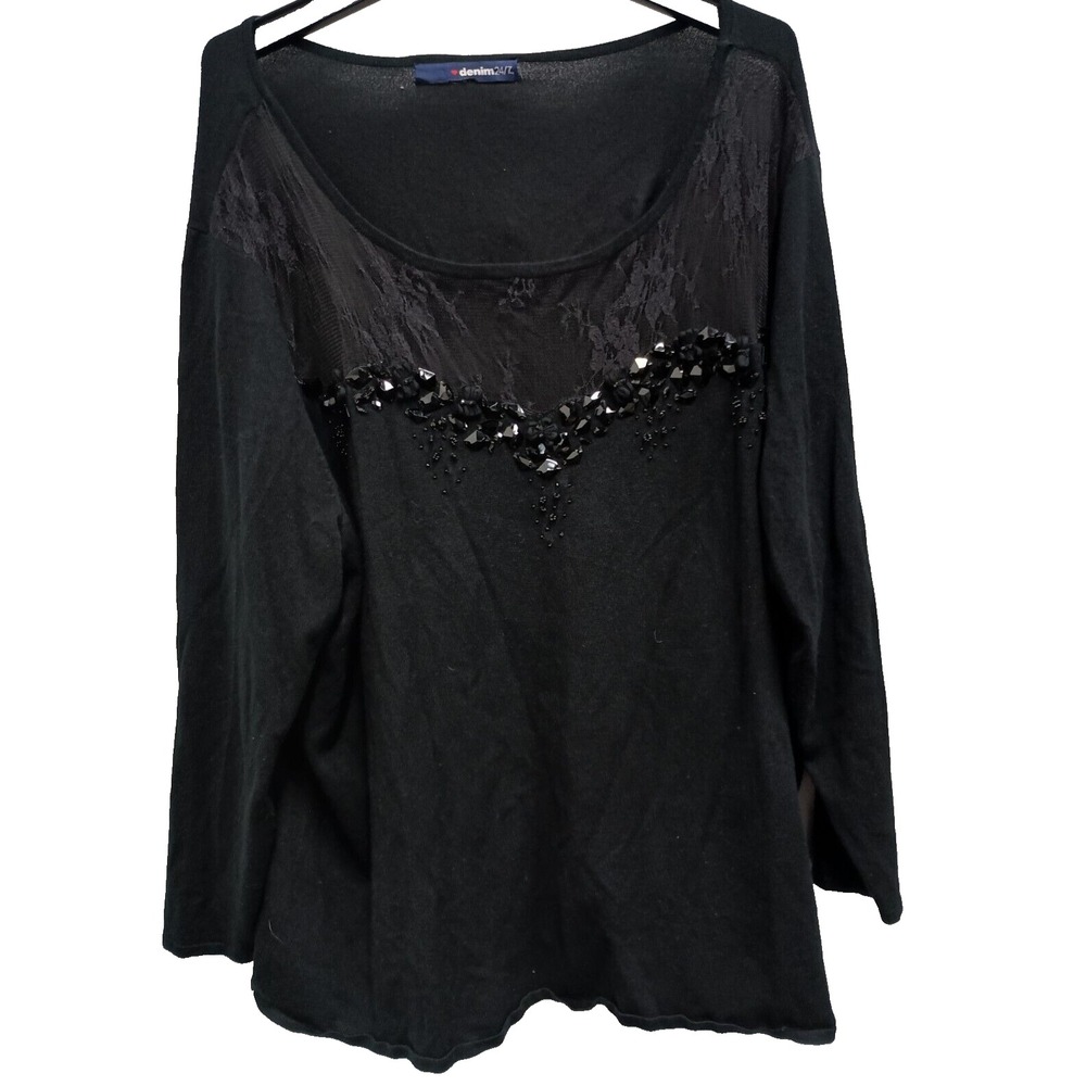 Denim 24/7 Womens Sweater Size 3X Black Mesh Yoke Beaded Pullover Whimsygoth